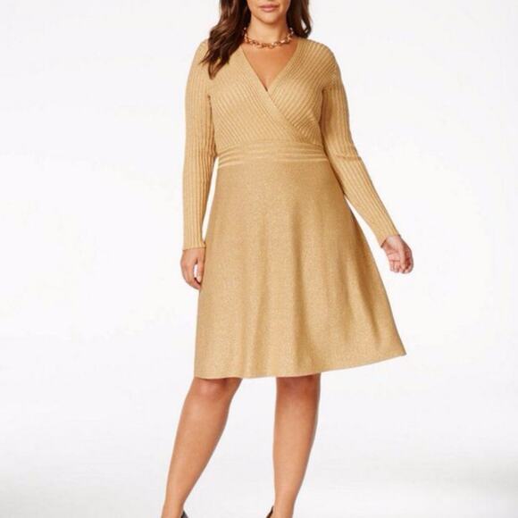 INC Fit‎ And Flare Dress Gold Metallic NWT 0X Ribbed Plunge Neckline Formal New - Picture 1 of 7